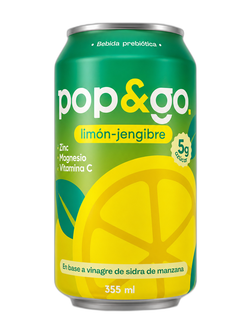 Lata Pop&Go bebida prebiótica sabor limón y jengibre 355 ml