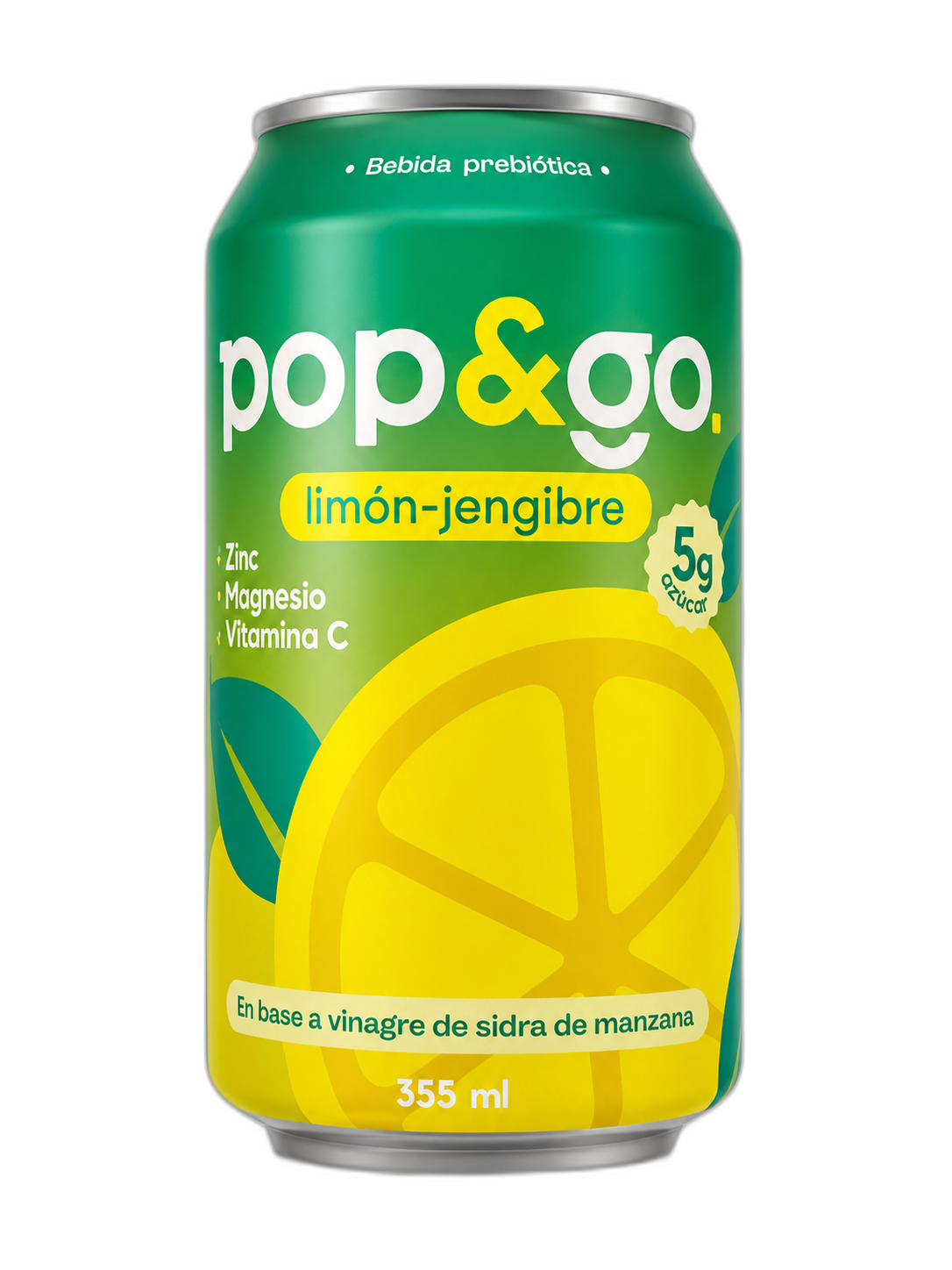 Lata Pop&Go bebida prebiótica sabor limón y jengibre 355 ml