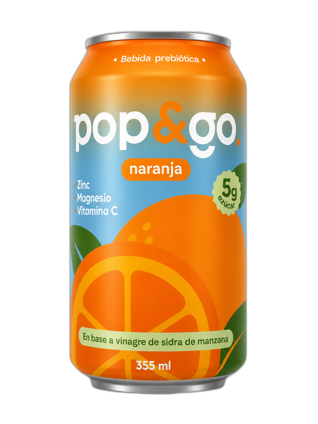 Lata Pop&Go bebida prebiótica sabor naranja 355 ml