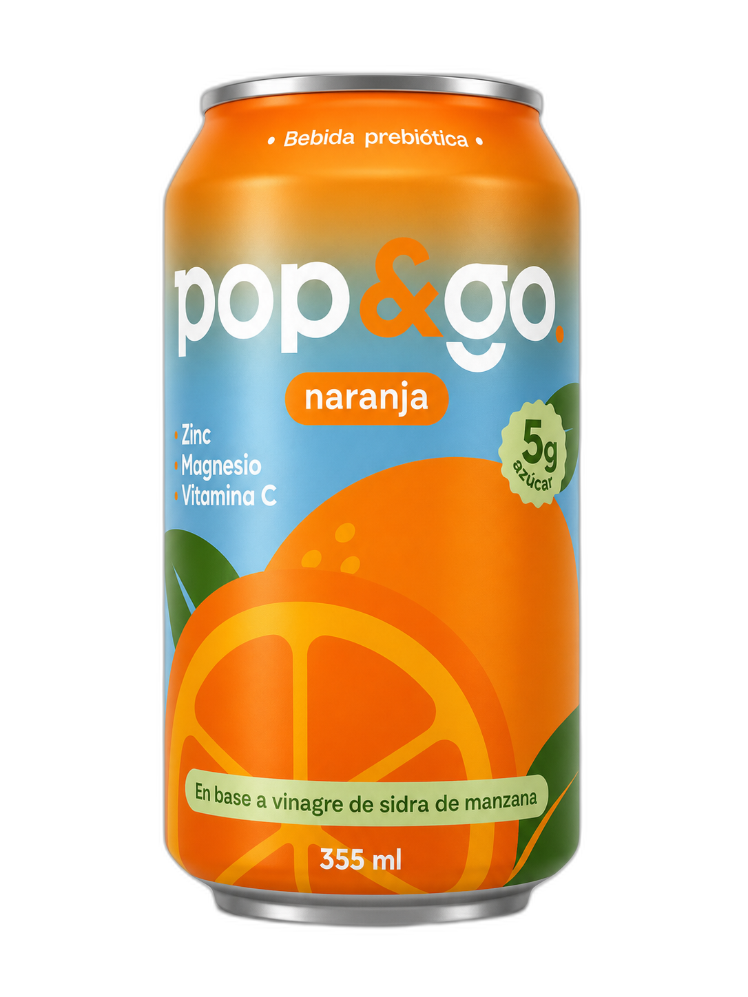 Lata Pop&Go bebida prebiótica sabor naranja 355 ml