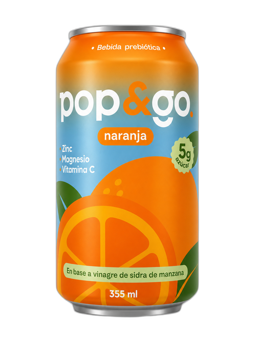 Lata Pop&Go bebida prebiótica sabor naranja 355 ml